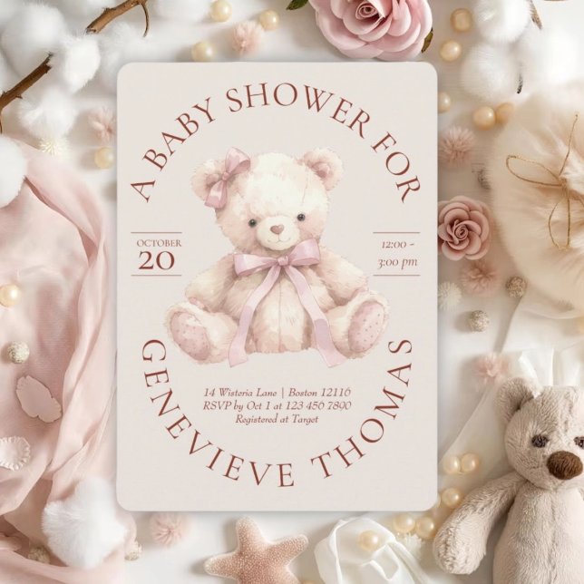 Convites Modern Pink Bow Teddy Bear Baby Shower Invitation (Criador carregado)