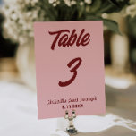 Convites Modern Pink Burgundy Funky Wedding Table Number<br><div class="desc">Modern and elegant whimsical pink and deep red wedding table numbers. As you see it features a blush pink background with bold burgundy script that matched the whole suite.</div>