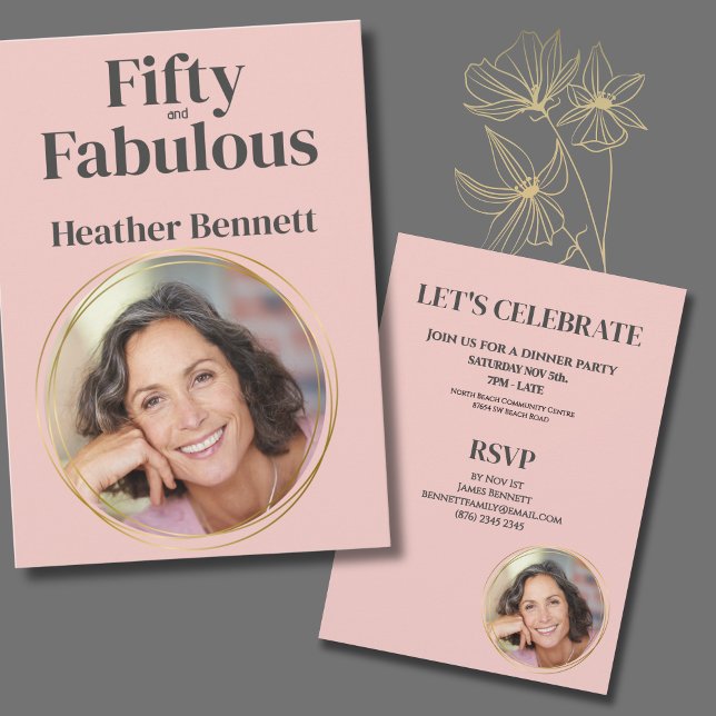 Convites Modern Pink Fifty and Fabulous Photo Birthday (Criador carregado)
