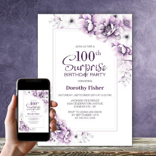 Convites Modern Pink Floral Surprise 100th Festa de anivers