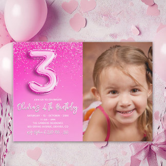 Convites Modern Pink Glitter Balloon 3rd Birthday Photo 