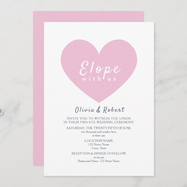 Convites Modern Pink Heart Elopement Wedding (Frente/Verso)