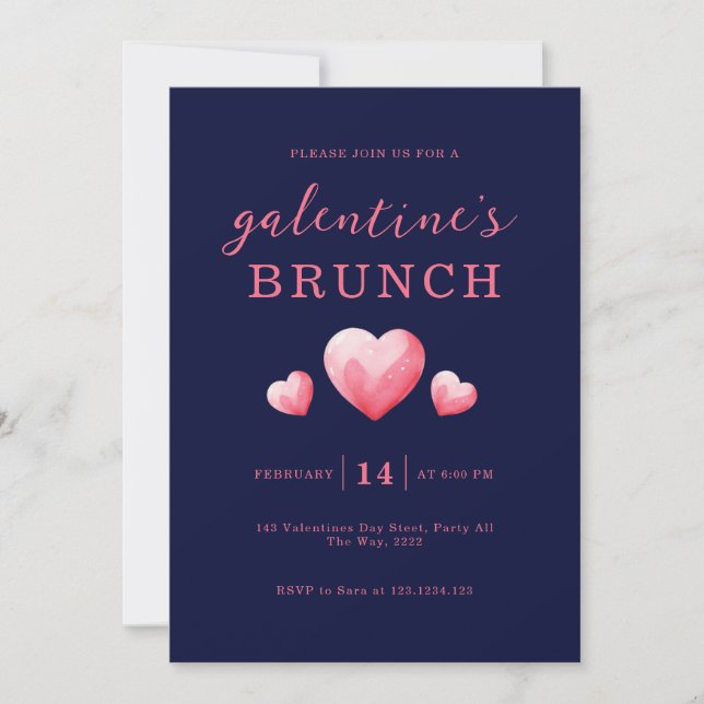 Convites Modern Pink Hearts Galentine's Day Brunch (Frente)
