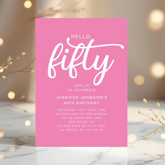 Convites Modern Pink Hello 50th Birthday (Modern Pink Hello 50th Birthday Invitation)