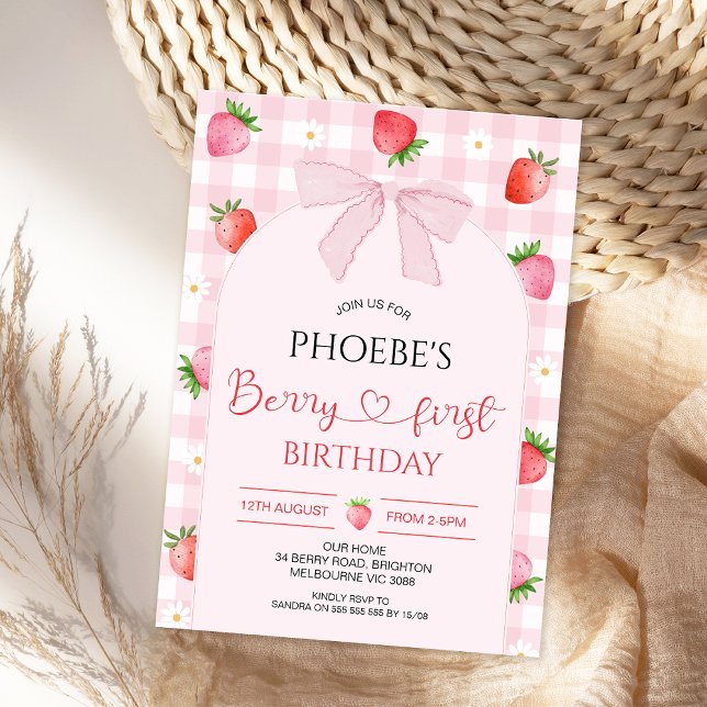 Convites Modern Pink Plaid Arch Berry First Birthday (Berry First Birthday Invitation, Berry First Birthday Invite, Strawberry First Birthday Invitation )