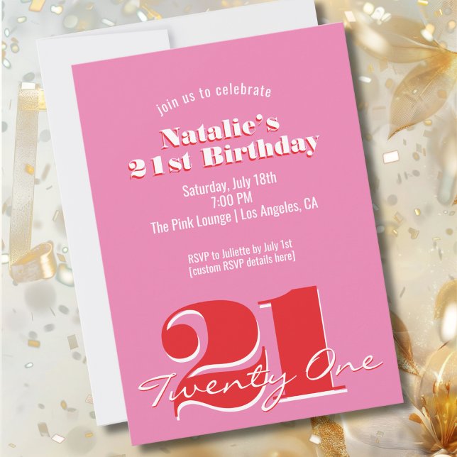 Convites Modern Pink Red Minimalist 21st Birthday (Criador carregado)