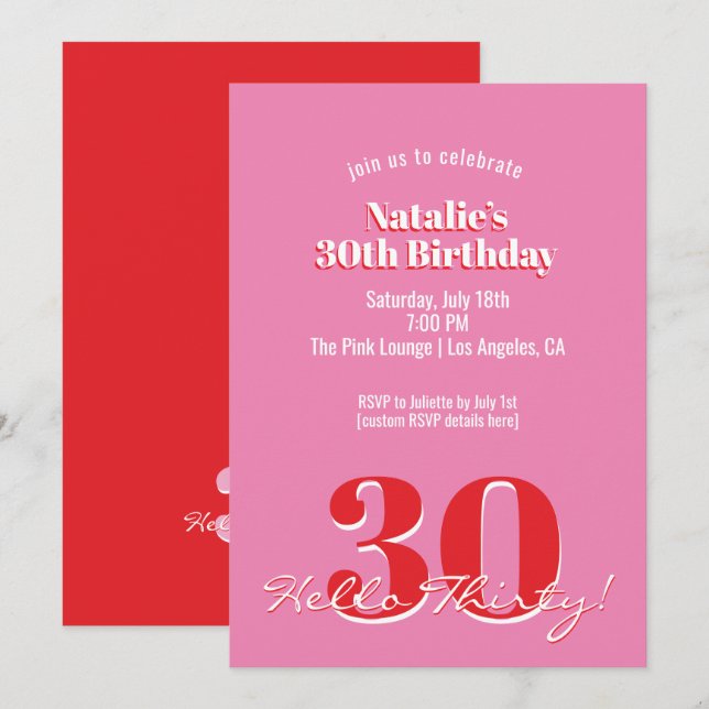 Convites Modern Pink Red Minimalist 30th Birthday (Frente/Verso)