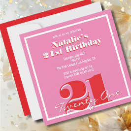 Convites Modern Pink Red Retro 21st Birthday Square