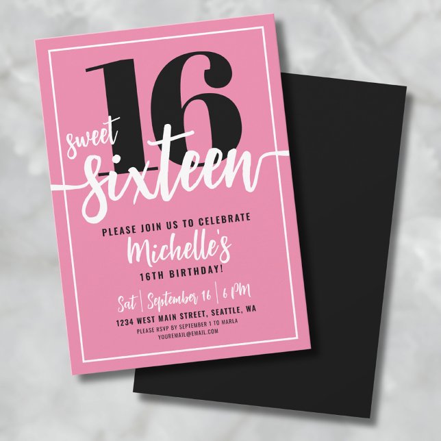 Convites Modern Pink Sweet Sessenta e dezesseis Festas de a (Modern Chic Pink Sweet Sixteen 16th Birthday Party Invitation)