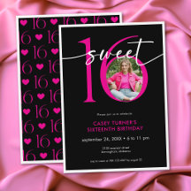 Modern Pink Sweet Sixteen Script Photo Birthday