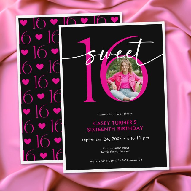 Convites Modern Pink Sweet Sixteen Script Photo Birthday (Modern Pink Sweet Sixteen Script Photo Birthday Invitation)