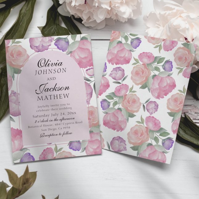 Convites Modern Pink & Watercolor Floral Wedding  (Criador carregado)