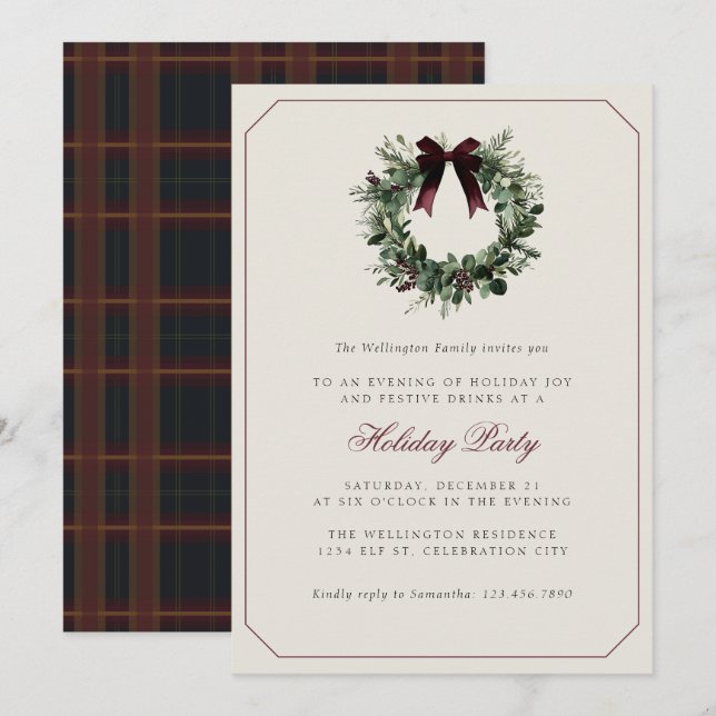 Convites Modern Preppy Plaid Wreath Christmas Party (Frente/Verso)