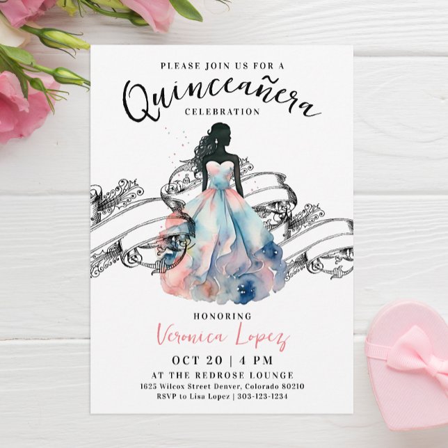 Convites Modern Princess Pink 15th Quinceañera Watercolor (Criador carregado)