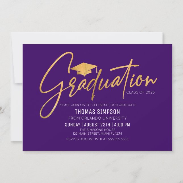 Convites Modern purple and gold Graduation Invitation (Frente)