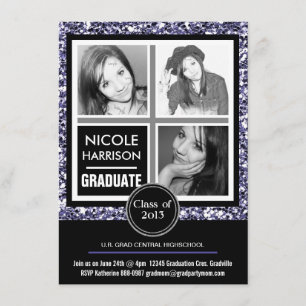 Convites Modern Purple Faux Glitter 3 Graduação de Fotos