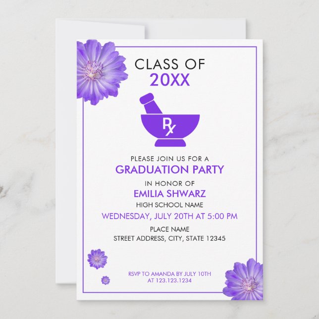 Convites Modern Purple Floral Pharmacist Graduation Party (Frente)