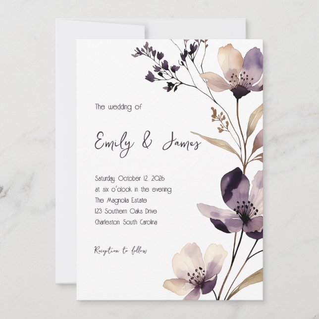 Convites Modern Purple Floral Wedding (Frente)