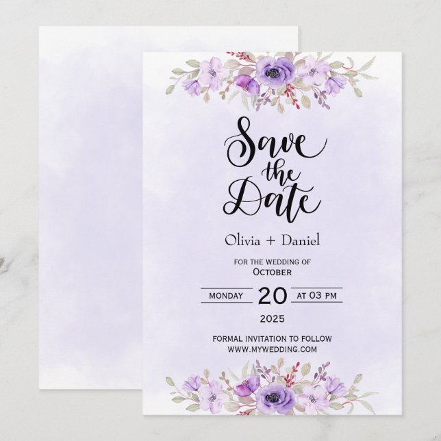 Convites Modern Purple Floral Wedding Save the Date (Frente/Verso)