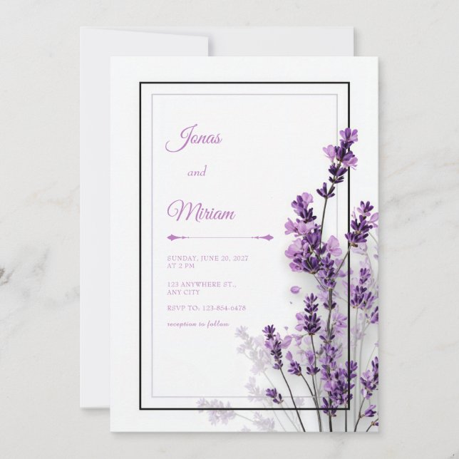 Convites Modern Purple Lavender Black Purple Frame Wedding (Frente)