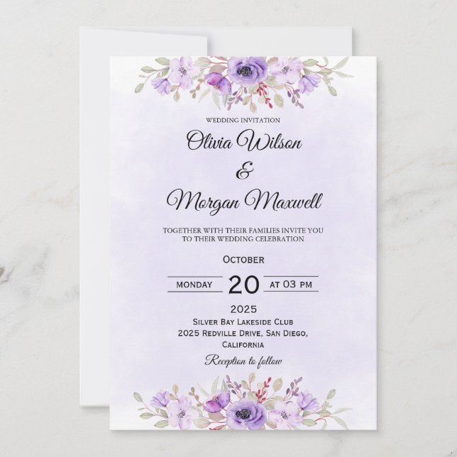 Convites Modern Purple Minimalist Floral Wedding Invitation (Frente)