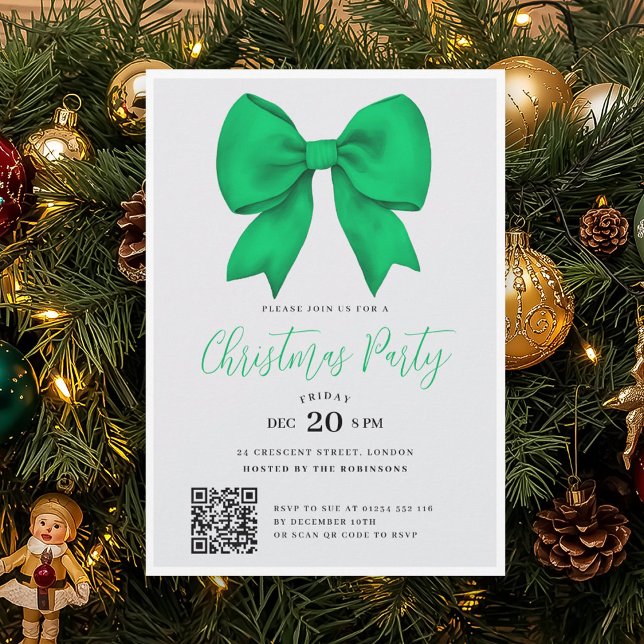 Convites Modern QR Green Holiday Bow Christmas Party (Criador carregado)