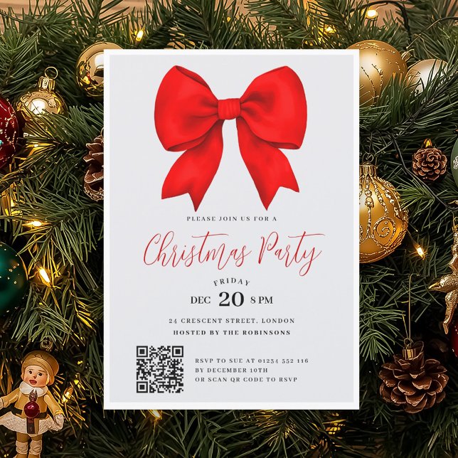 Convites Modern QR Red Holiday Bow Christmas Party (Modern QR Red Holiday Bow Christmas Party Invitation)