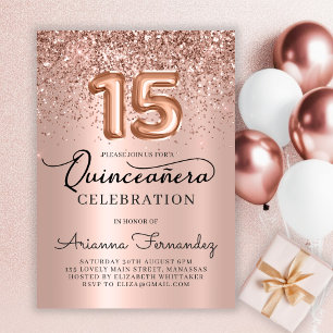 Convites Modern Quinceañera Rosa Dourada Glitter 15 Birthda