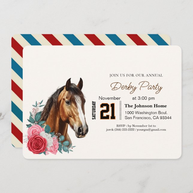 Convites Modern Race Horse Derby Party Equestrian  (Frente/Verso)