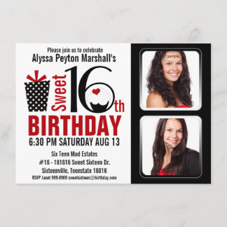 Convites Modern Red and Black 2 Fotos, doce 16 Festa
