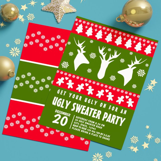 Convites Modern Red and Green Reindeer Ugly Sweater Party (Modern Red and Green Reindeer Ugly Sweater Party Invitation)