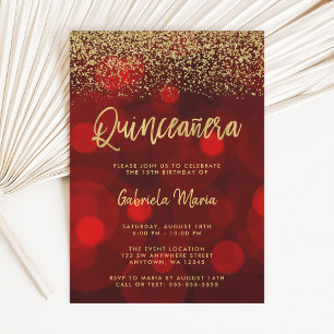 Convites Modern Red Bokeh Dourado Glitter Quinceanera