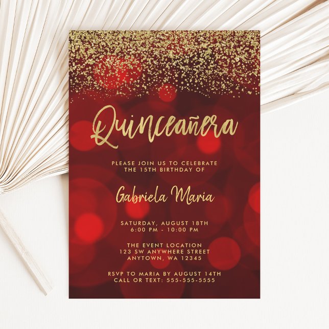 Convites Modern Red Bokeh Dourado Glitter Quinceanera (Criador carregado)