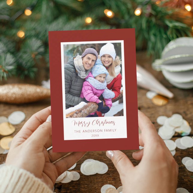 Convites Modern Red Border Family Photo Christmas Card (Criador carregado)