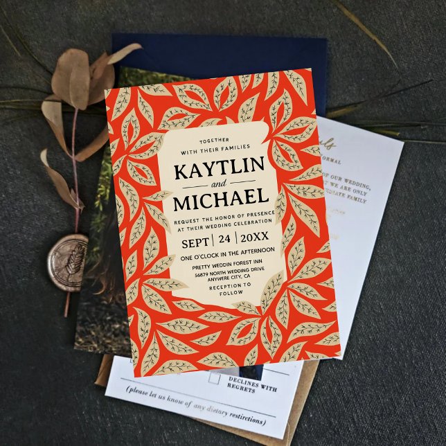 Convites Modern Red Botanical Elegant Leaf  (Criador carregado)