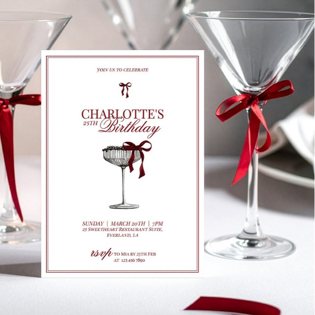 Convites Modern Red Bow Champagne Birthday Invitation (Criador carregado)
