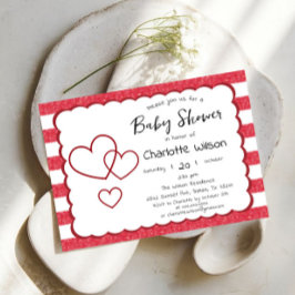Convites Modern Red Chalk Stripes Triple Hearts Baby Shower