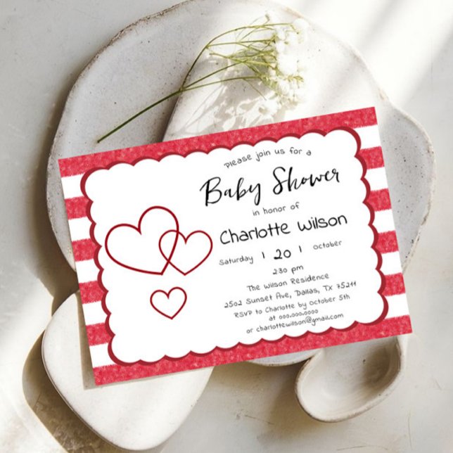 Convites Modern Red Chalk Stripes Triple Hearts Baby Shower (Criador carregado)