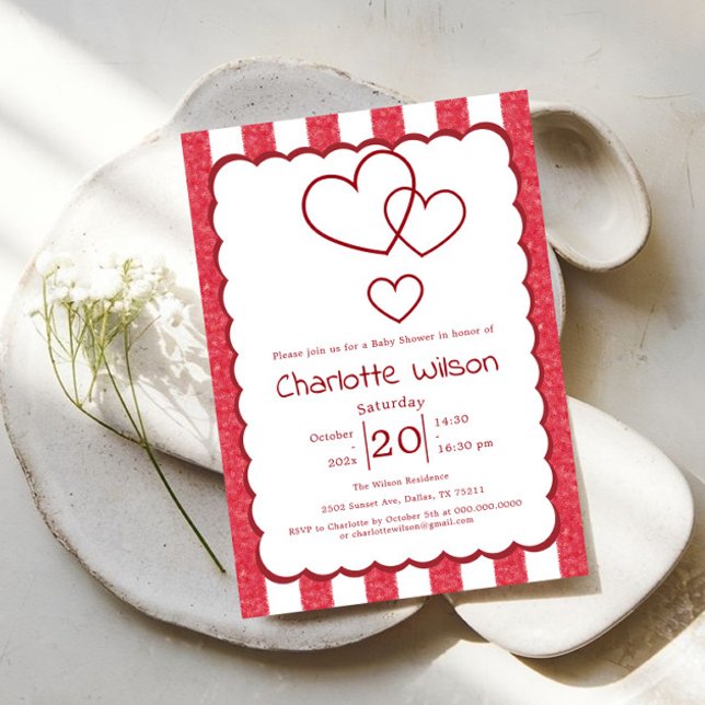 Convites Modern Red Chalk Stripes Vertical Baby Shower (Criador carregado)