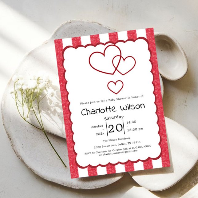 Convites Modern Red Chalk Stripes Vertical Baby Shower (Criador carregado)