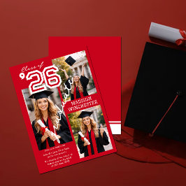 Convites Modern Red Class of 2026 3-Photo Graduation Invite