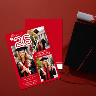 Convites Modern Red Class of 2026 3-Photo Graduation Invite