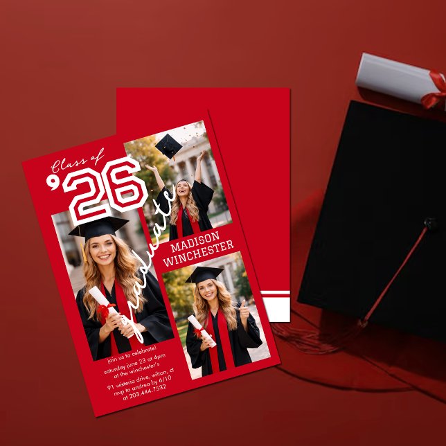 Convites Modern Red Class of 2026 3-Photo Graduation Invite (Criador carregado)