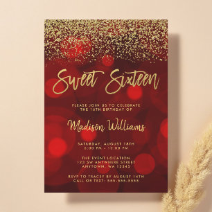 Convites Modern Red Faux Dourado Glitter Sweet 16