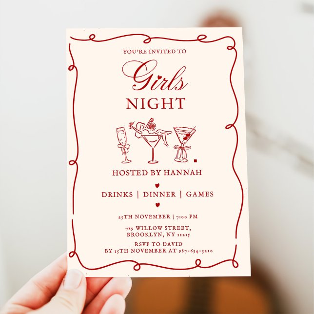 Convites Modern Red Girls Night Dinner Party  Invitation (Criador carregado)