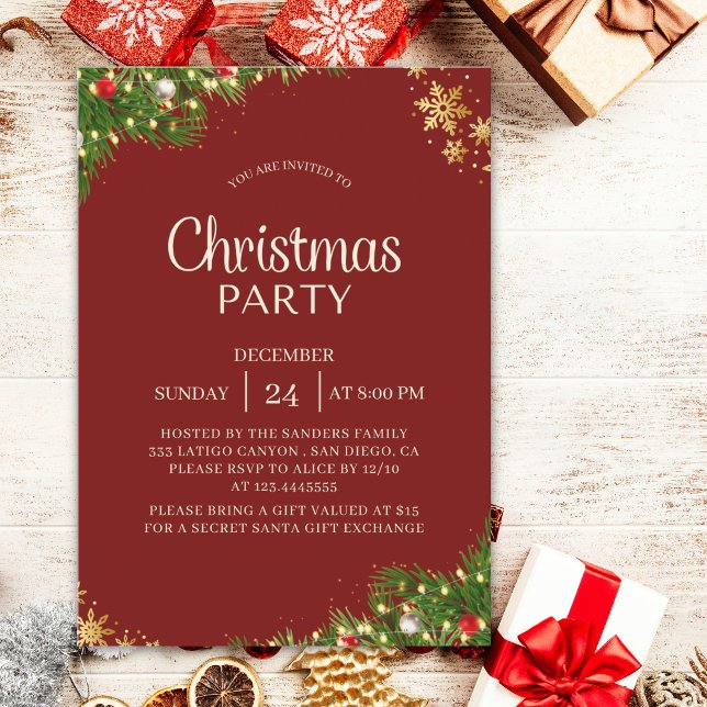 Convites Modern Red & Gold Christmas Party Invite (Criador carregado)