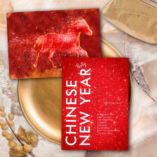 Convites Modern Red Gold Glitter Horse 2026 Lunar New Year (Criador carregado)