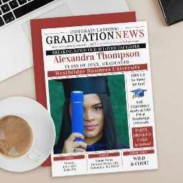 Convites Modern Red GraduaTe Newspaper Front Page College