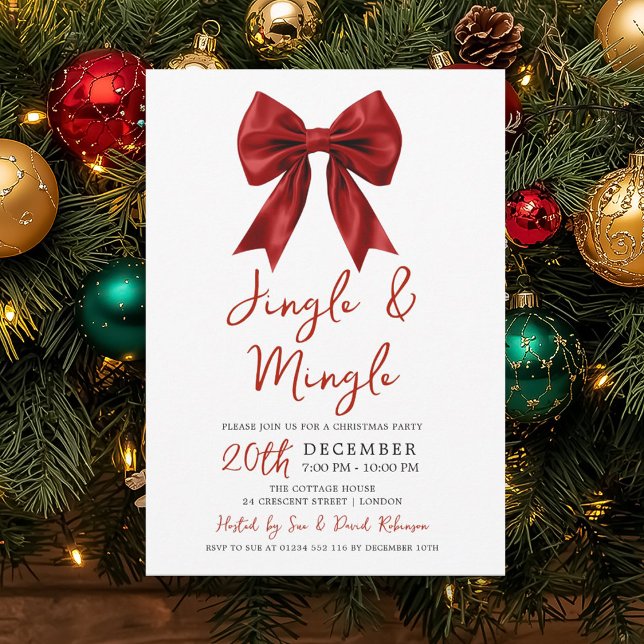 Convites Modern Red Jingle Mingle Christmas Party Glam Bow  (Modern Red Jingle Mingle Christmas Party Glam Bow Invitation)