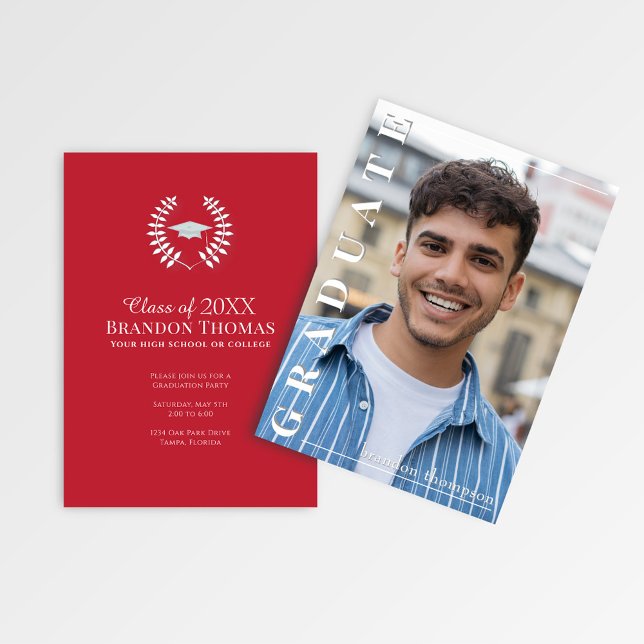 Convites Modern Red Vertical Name Graduation Photo Card (Red graduation photo announcement with laurel emblem and customizable party details.)
